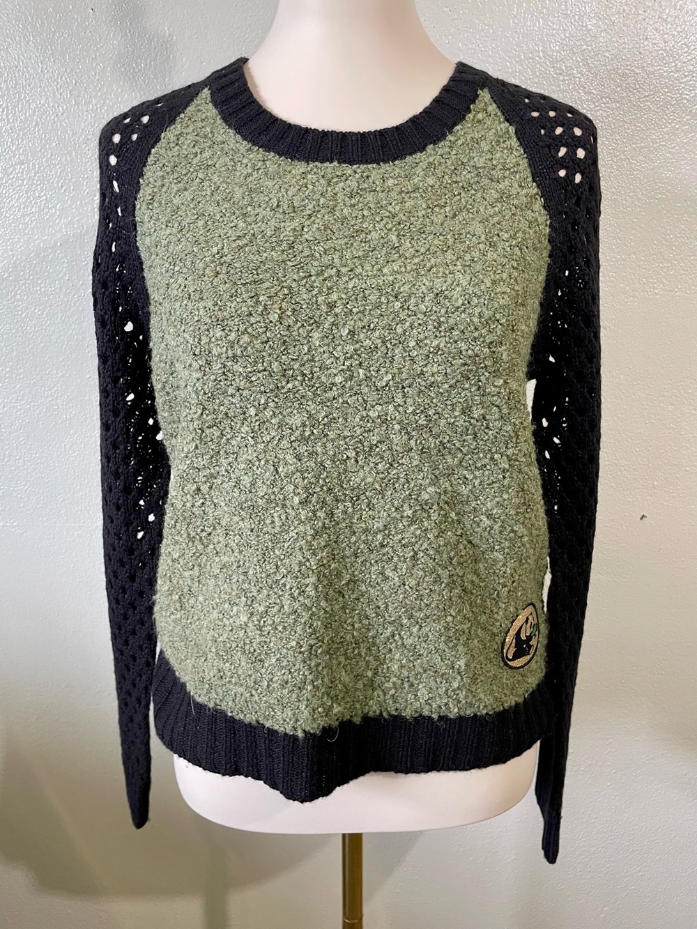 LRG Lambswool Blend Sweater Olive Black Panda Patch Crochet Sleeve Small Skate